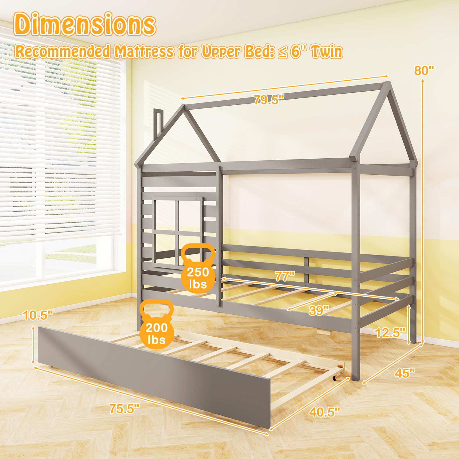 Giantex Twin House Bed with Trundle Bed Twin, Wooden Twin Bed Frames with Roof, Chimney & Window