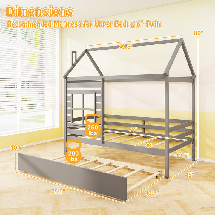 Giantex Twin House Bed with Trundle Bed Twin, Wooden Twin Bed Frames with Roof, Chimney & Window