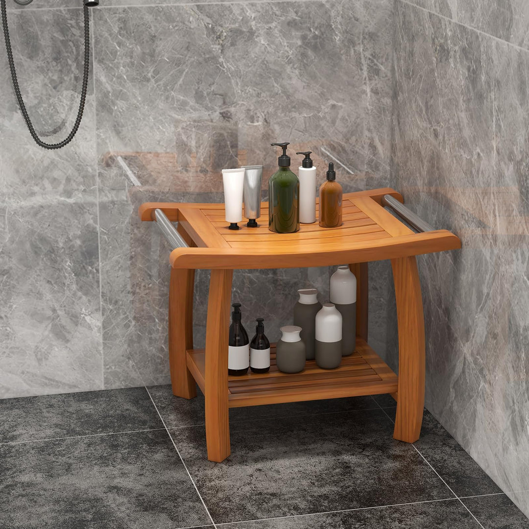 Gaintex Teak Shower Bench with Handles and Storage Shelf, Teak Shower Stool for Shaving Legs, Non-Slip Foot Pads