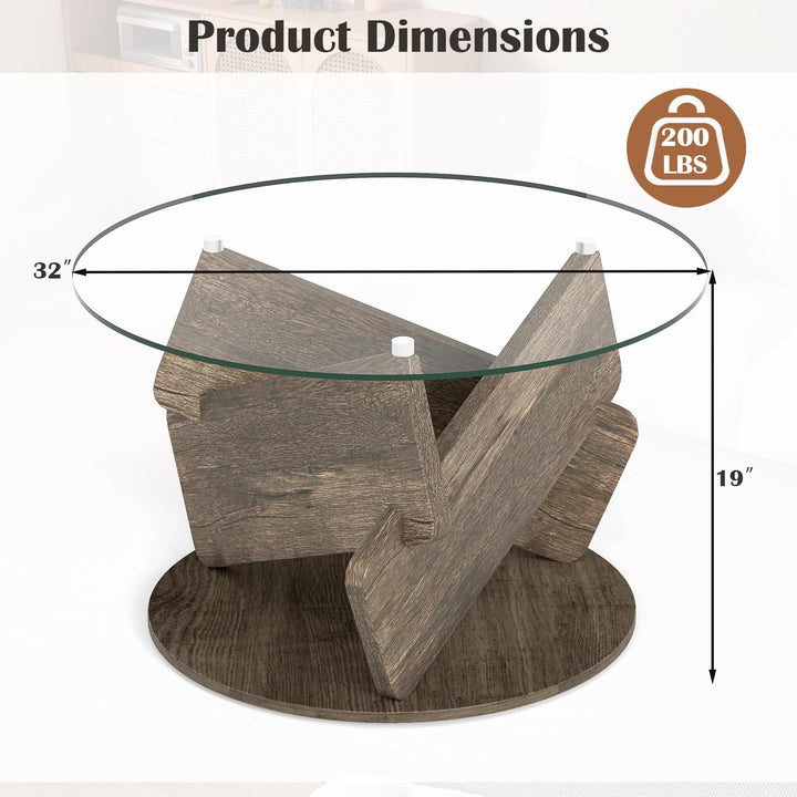 Giantex 32inch Glass Round Coffee Table with Clear Tempered Glass Top Solid Wood Legs