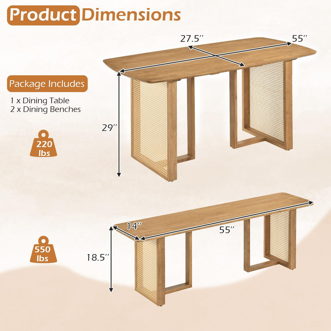 GIANTEX Rattan Dining Table Set for 4 | Rubber Wood Kitchen Table &amp; 2 Bench