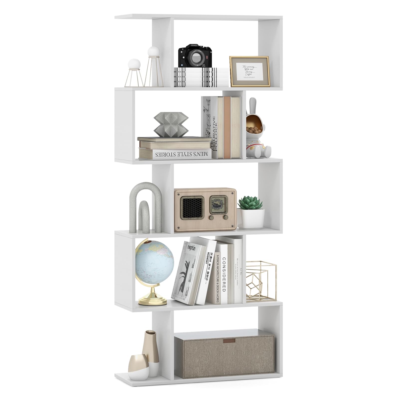 Giantex 5-Tier Geometric Bookshelf, 62.5" Tall Wood S-Shaped Bookcase with Anti-Tipping Device