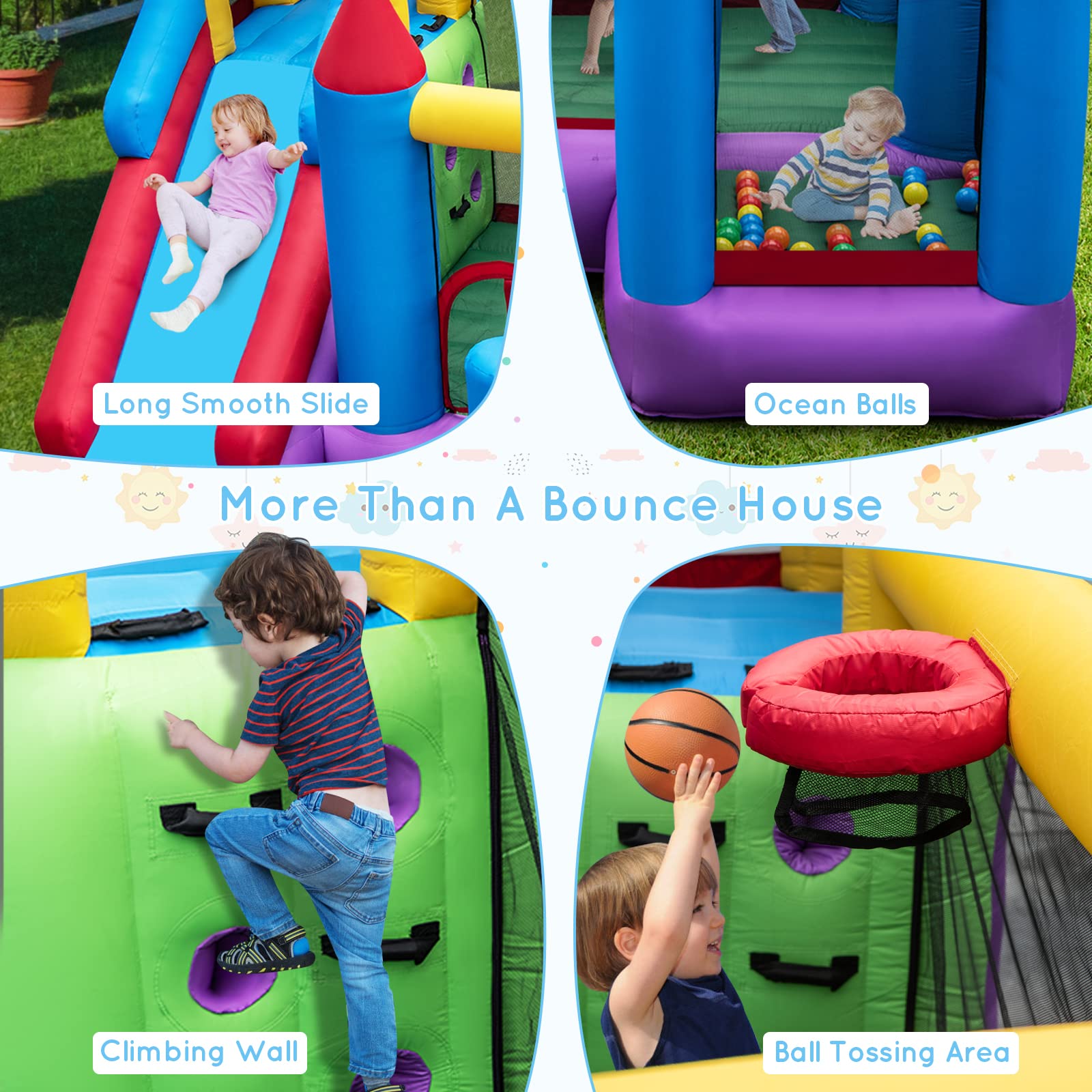 5-in-1 Inflatable Bounce Castle, Giant Blowup Jumping House with Slide for Kids w/735W Air Blower