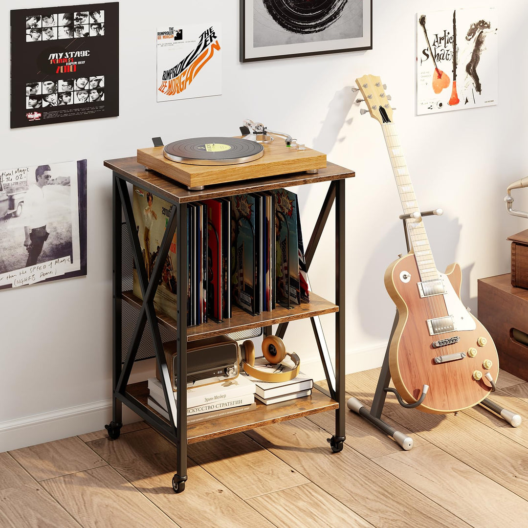 Giantex Record Player Stand with Charging Station Turntable Stand with Record Storage & 4 Rolling Wheels