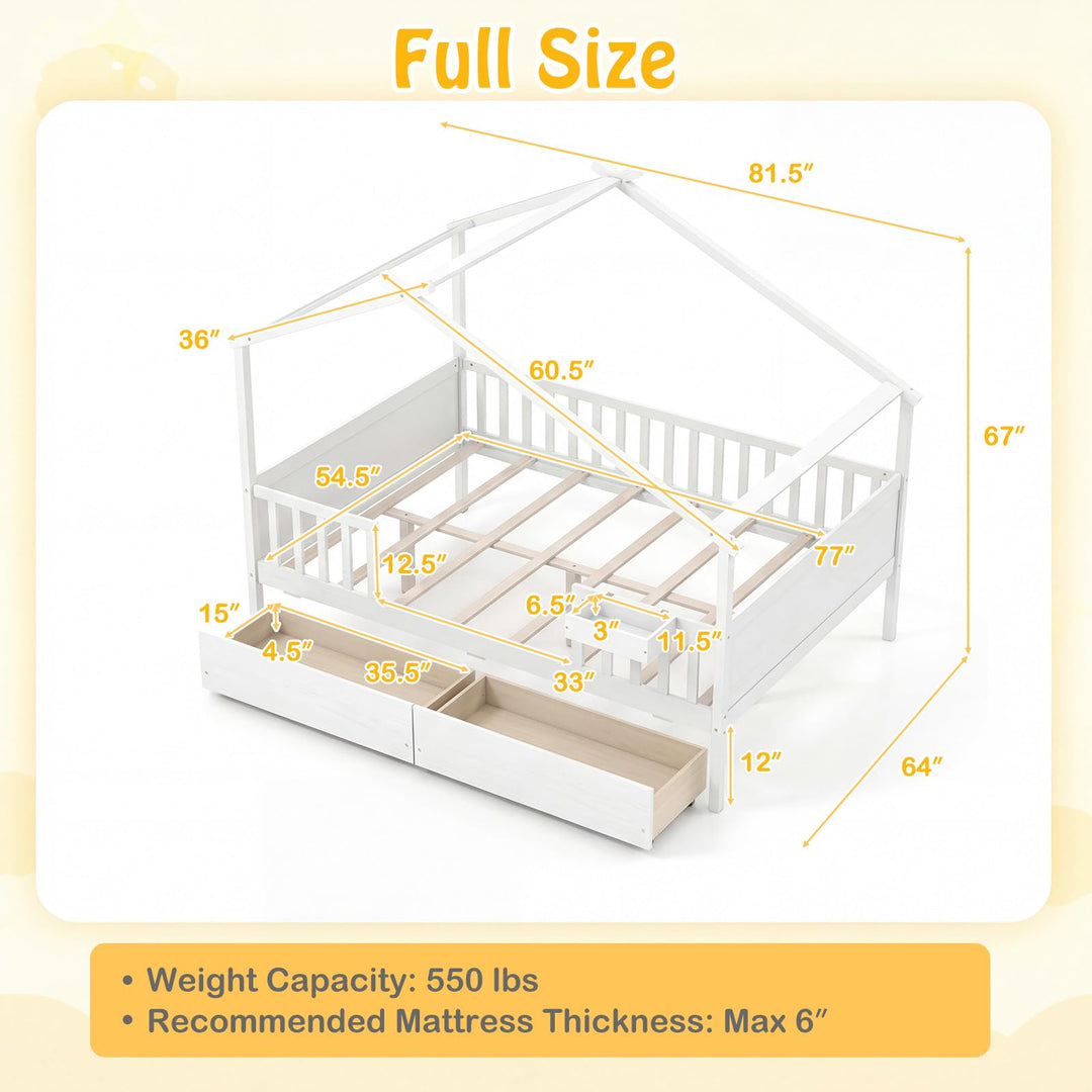 Giantex Full Size House Bed with Roof and Fence Rails for Kid