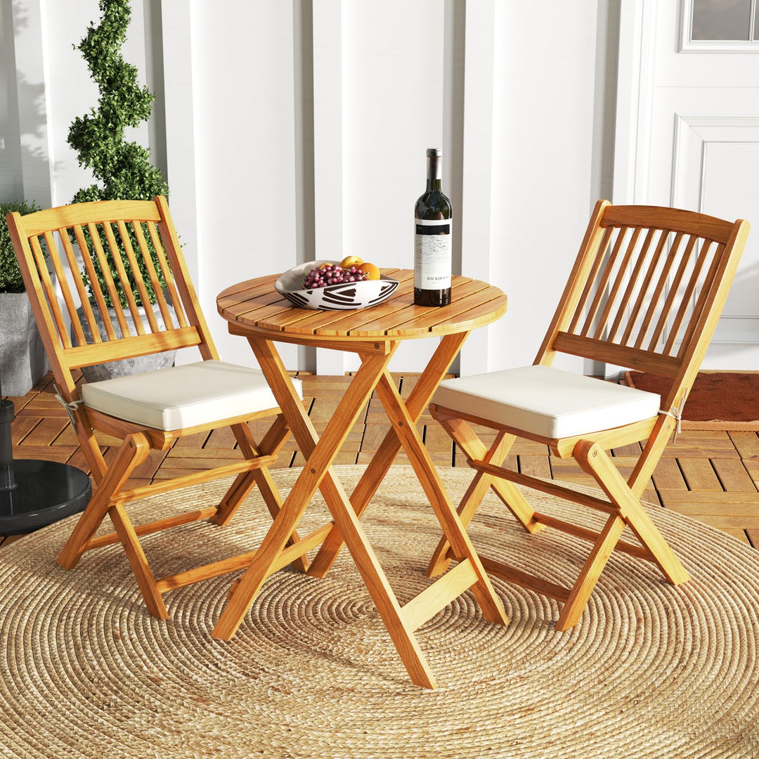 Giantex Patio Bistro Set 3 Pieces, Outdoor Acacia Wood Folding Table & Chairs Set with 2 Padded Cushions