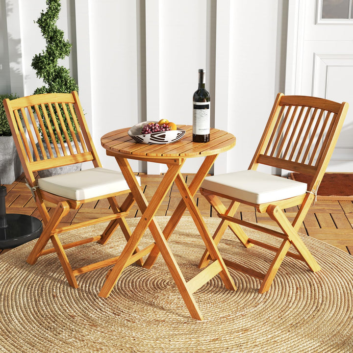 Giantex Patio Bistro Set 3 Pieces, Outdoor Acacia Wood Folding Table & Chairs Set with 2 Padded Cushions
