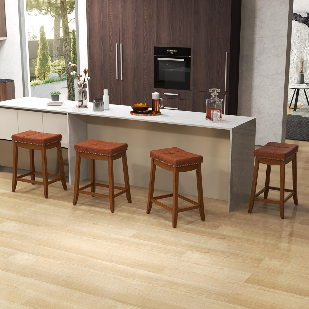 Giantex Bar Stools Set, 25" Counter Height Bar Stools w/Saddle Seat, Footrest, Rivet, Button Tufted, Rubber Wood Frame