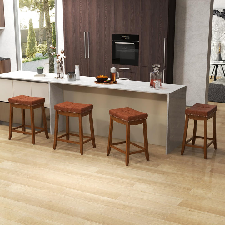 Giantex Bar Stools Set, 25" Counter Height Bar Stools w/Saddle Seat, Footrest, Rivet, Button Tufted, Rubber Wood Frame