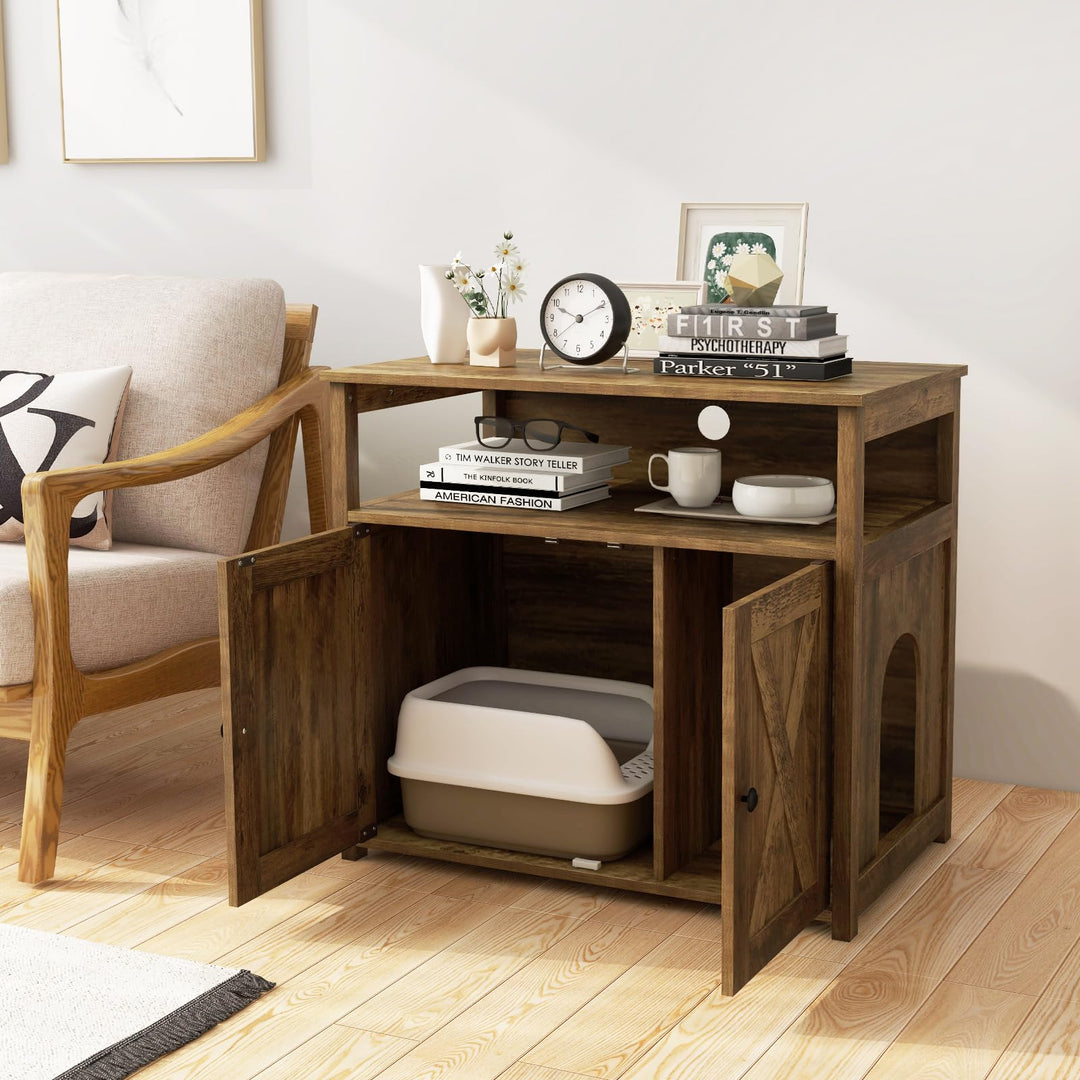 Giantex Cat Litter Box Enclosure - Litter Box Hidden Furniture with Barn Door, Inner Divider, Side Entry, Storage Shelf