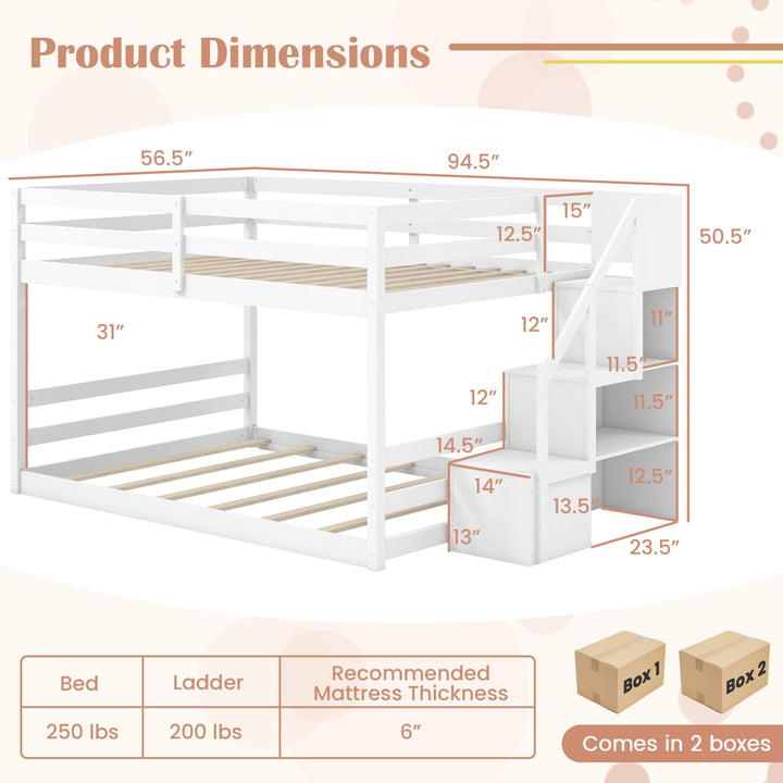 Giantex Bunk Bed with Stairs, Solid Wood Floor Bunk Bed with Storage Staircase & Full-Length Guardrails