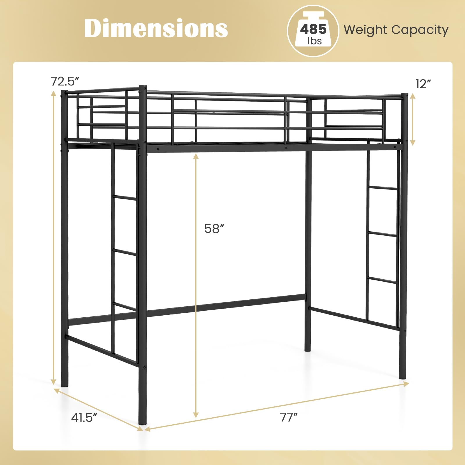 Giantex Metal Loft Bed Twin Size, Heavy Duty Metal Loft Bed Frame