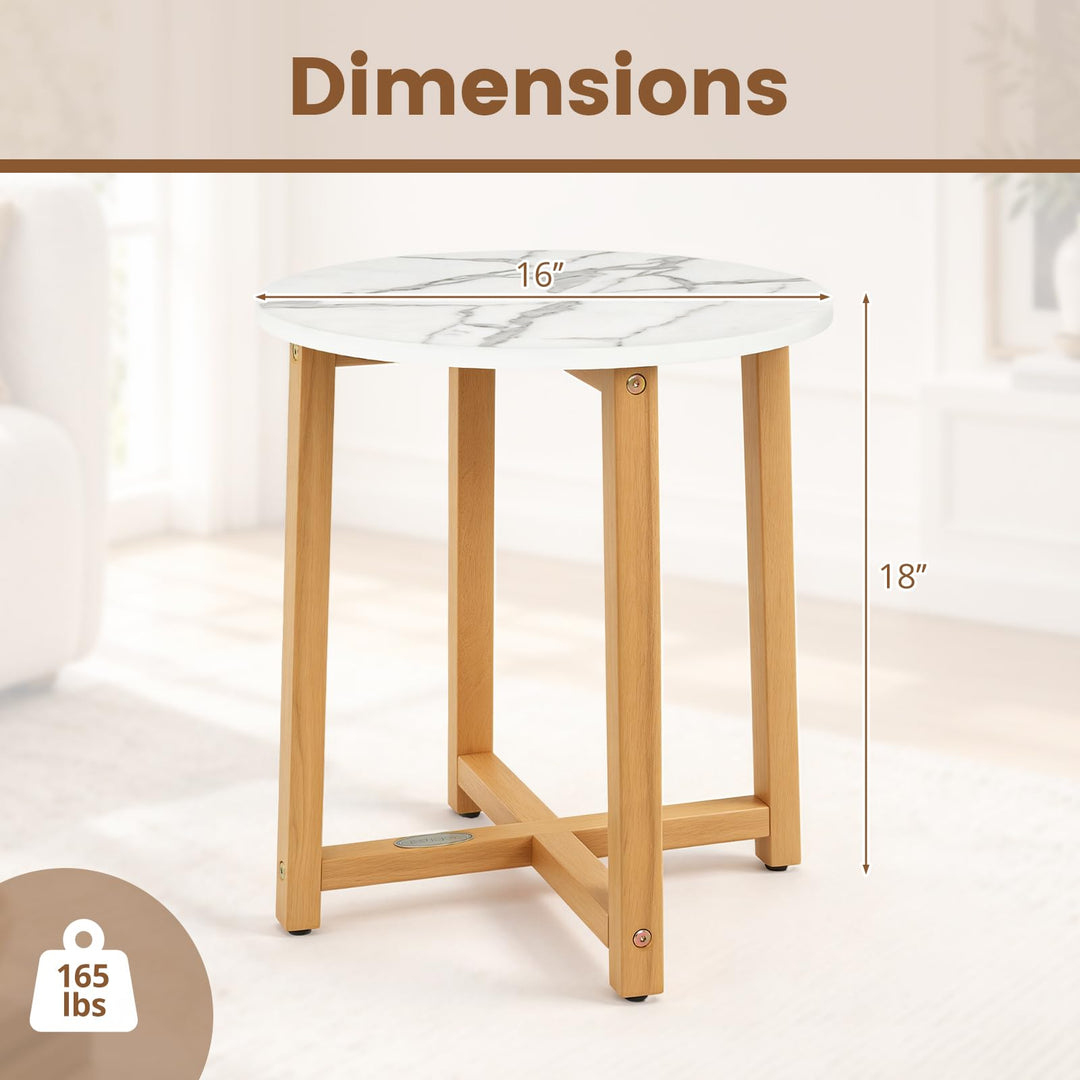 GIANTEX 16" Round Side Table Faux Marble End Table with Acacia Wood Legs