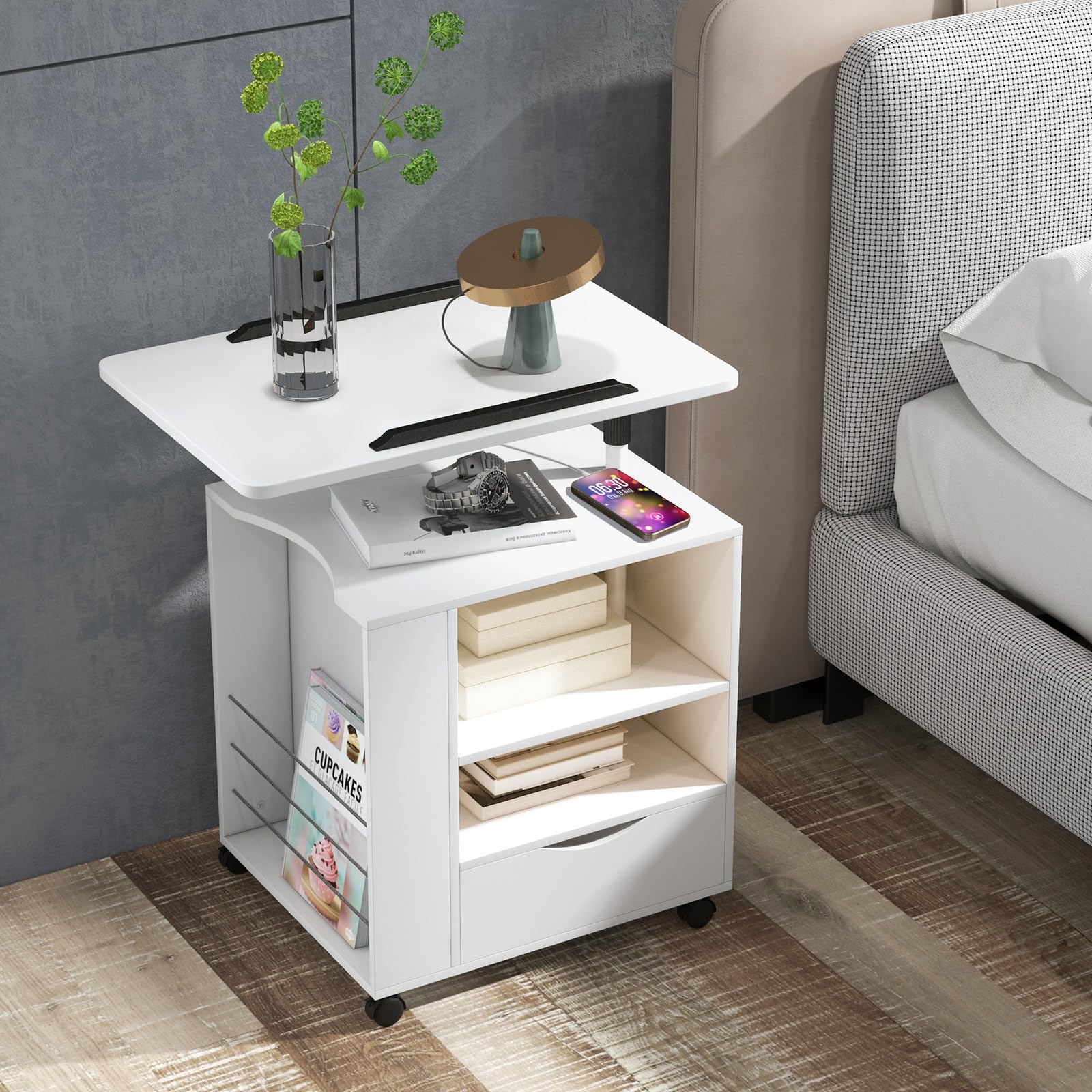 Giantex Nightstand with Charging Station and LED Lights, Modern Bedside Table Workstation