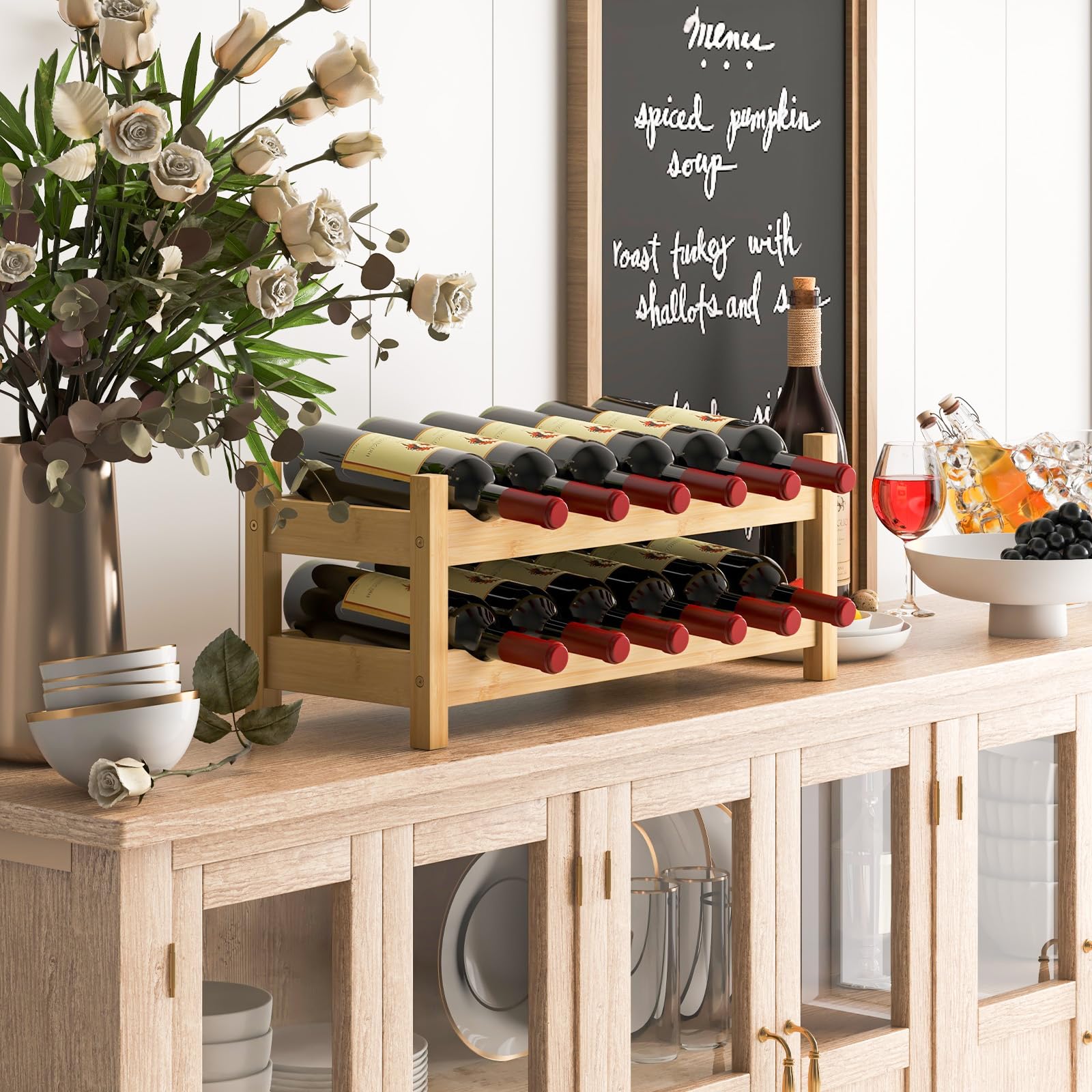 Giantex Bamboo Wine Rack, 2/3 Tier 12/18 Bottle Wine Storage Cabinet Shelf
