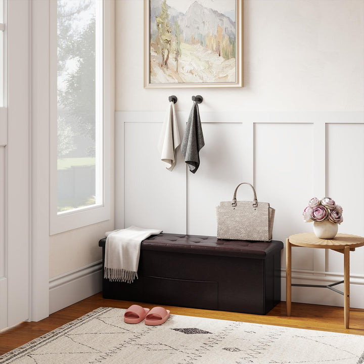 Giantex 43 Inches Folding Storage Ottoman Bench Upholstered PU Leather Storage Chest with Side Pocket