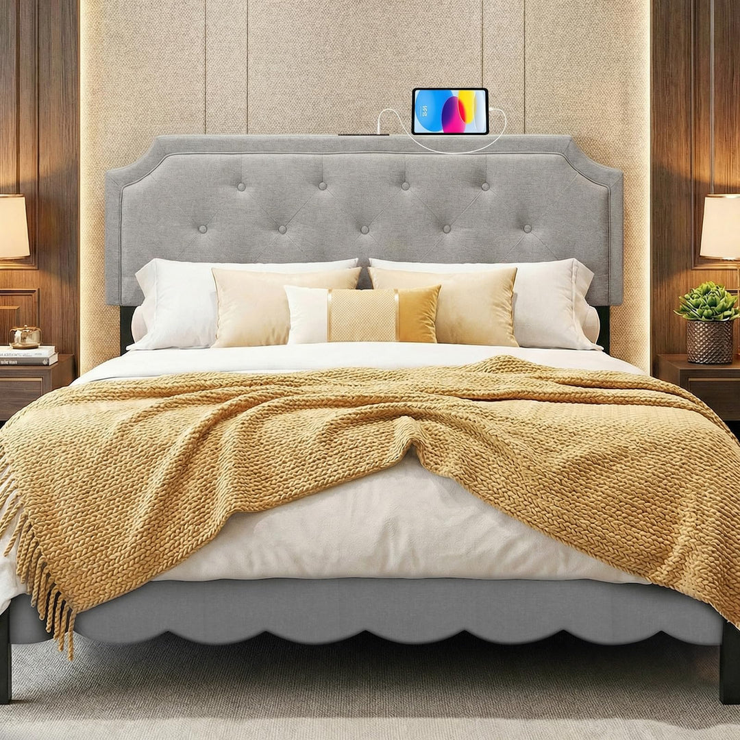 Giantex Tufted Upholstered Head Board with 2 AC Outlets