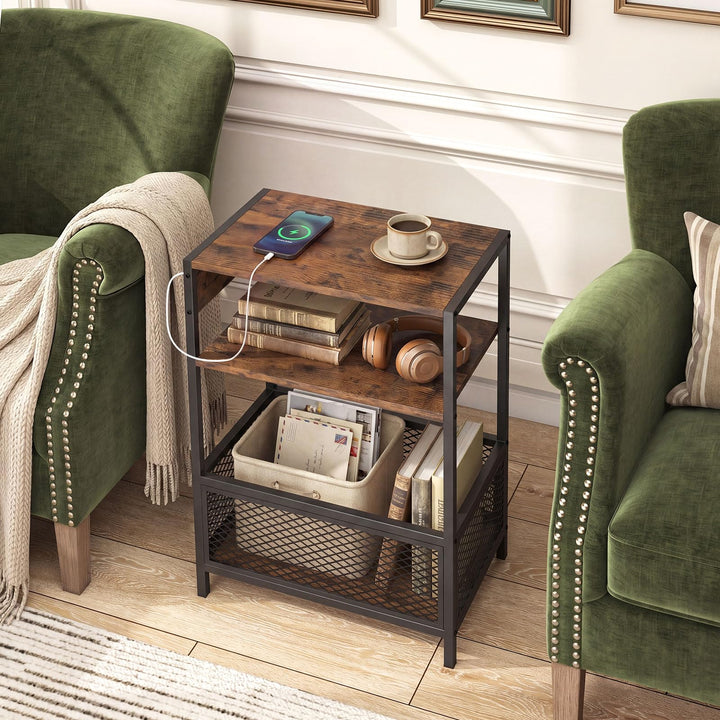 Giantex 3-Tier End Table w/Metal Mesh Compartment &amp; 2 AC Outlets (1/2)