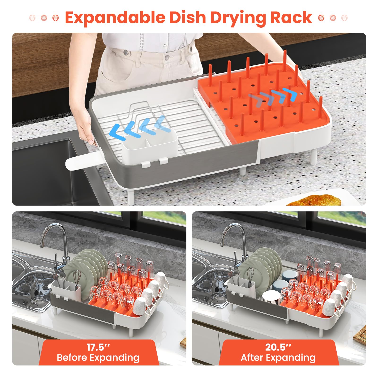 Giantex Expandable Dish Drying Rack - Adjustable Dual-Part Dish Drainer with Detachable Utensil Holder