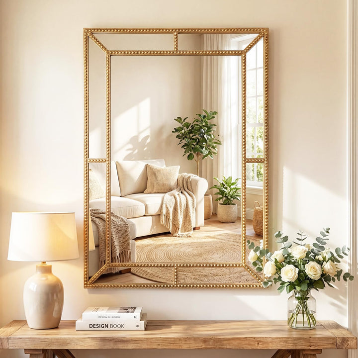 CHARMAID 36"x24" Rectangular Decorative Gold Beaded Wall Mirror