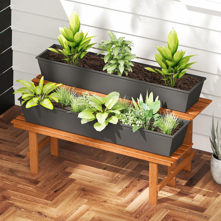 Giantex 2 Tier Wood Plant Stand with Teak Oil Finish