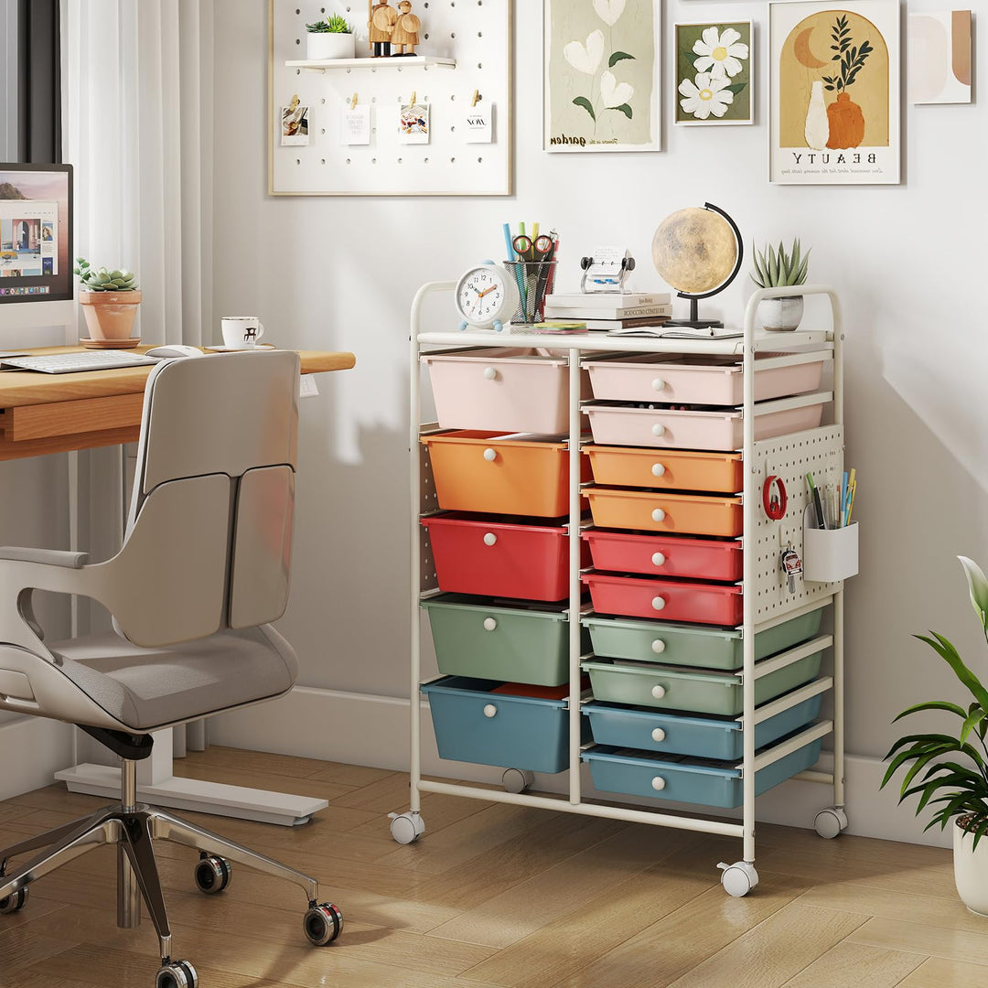 Giantex 15 Drawer Storage Cart | Rolling Craft Cart with Metal Tabletop &amp; Pegboard