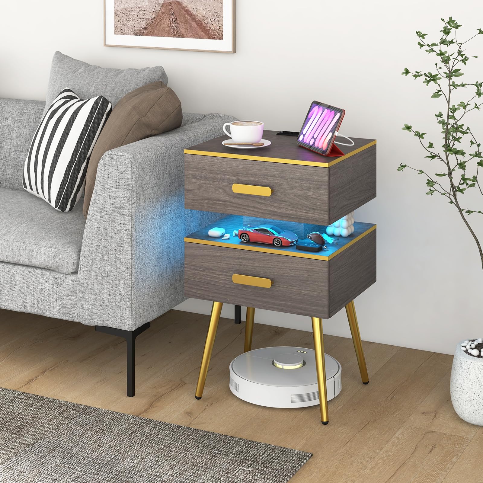 Giantex Nightstand with Charging Station & LED Lights, 28.5" Bedside Table with 2 Drawers
