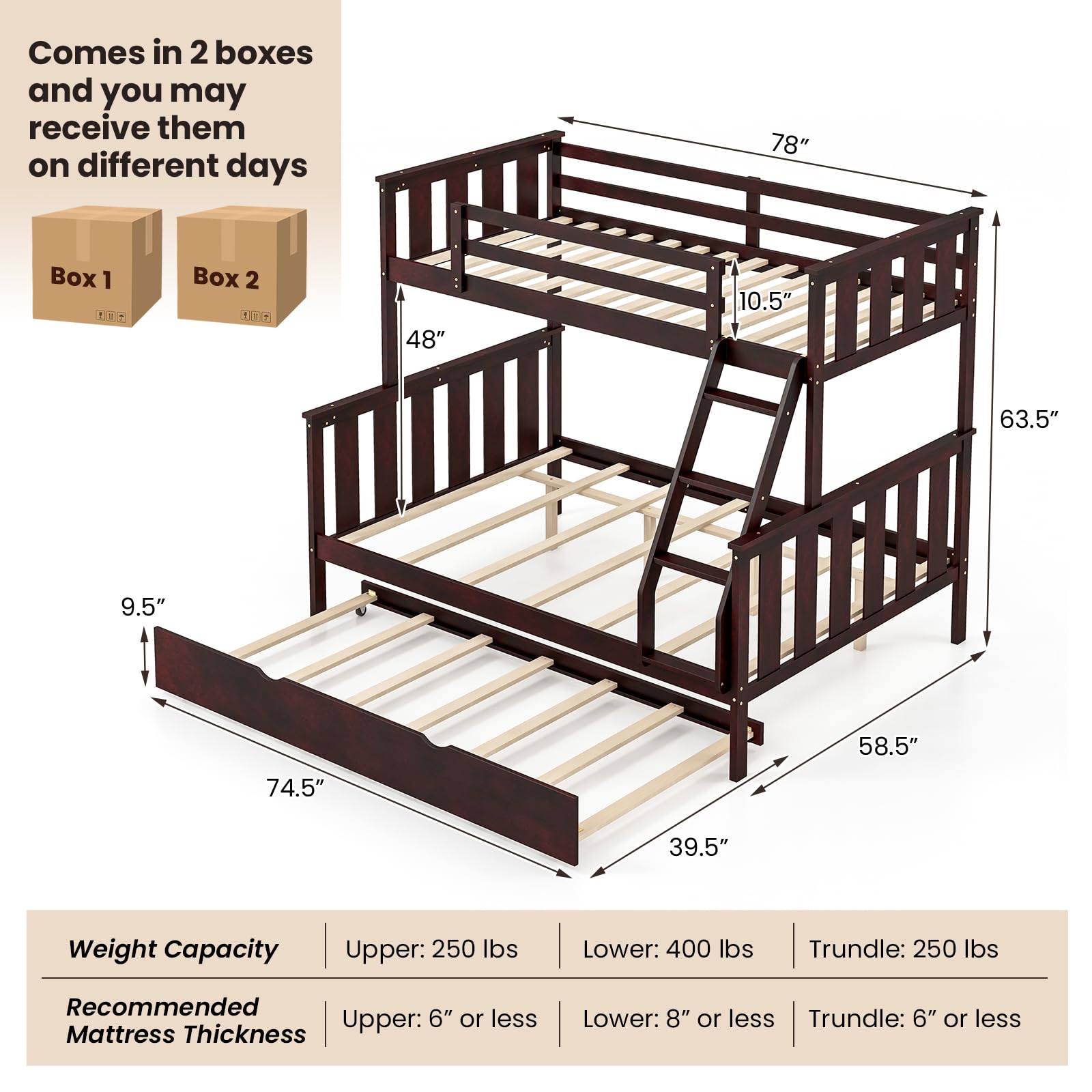 Giantex Twin Over Full Bunk Bed with Trundle, Reversible Ladder & Safety Guardrails
