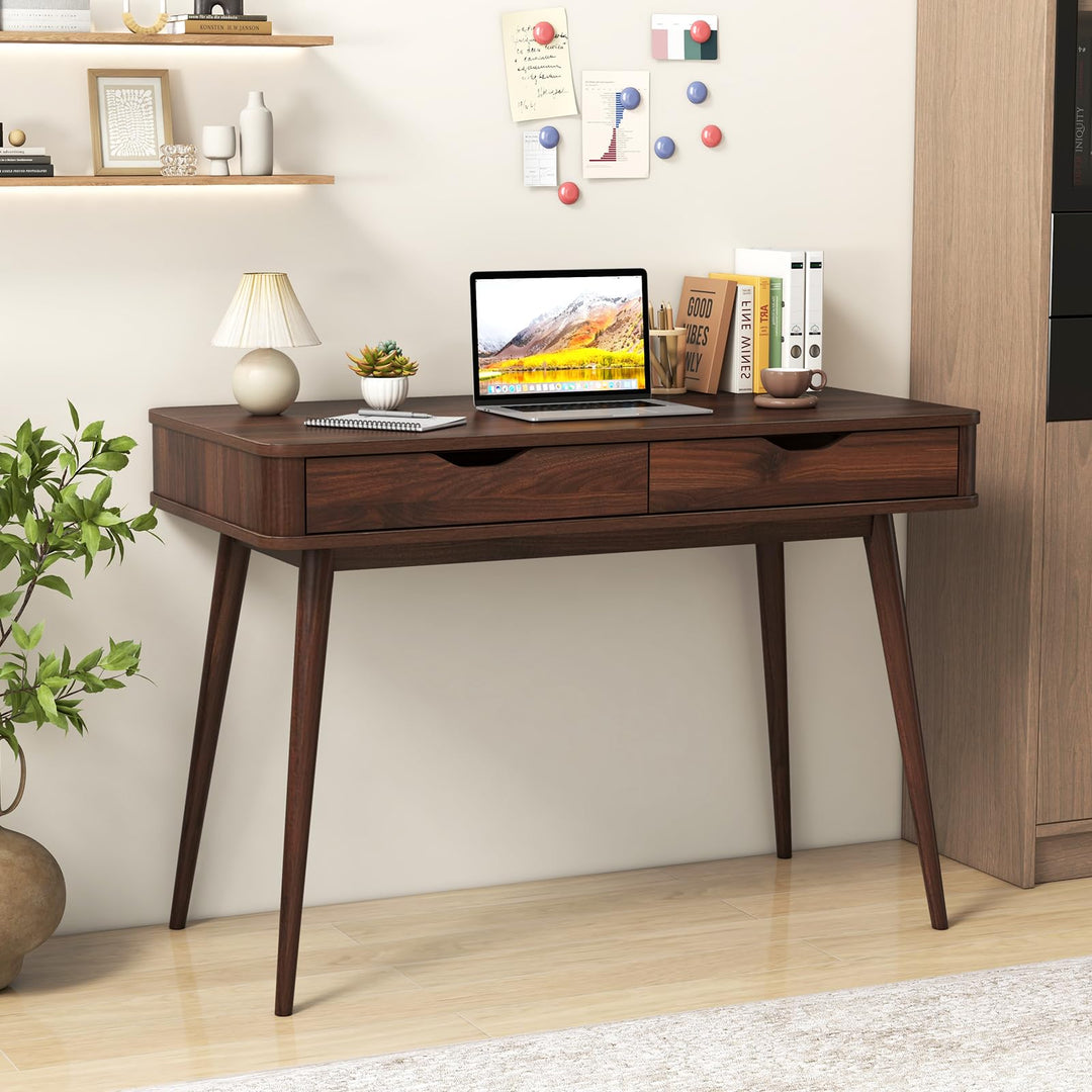 Giantex Mid-Century Desk with 2 Drawers, 43.5" Writing Study Desk with Solid Rubber Wood Legs