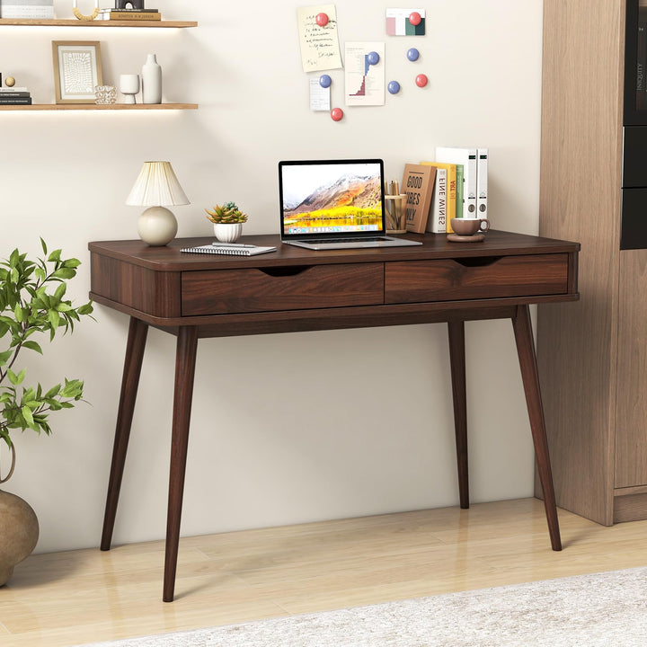 Giantex Mid-Century Desk with 2 Drawers, 43.5" Writing Study Desk with Solid Rubber Wood Legs
