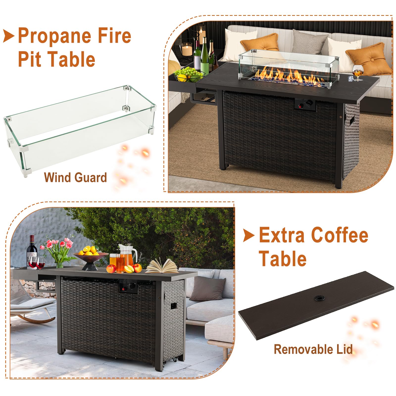 Giantex 52" Outdoor Propane Fire Pit - 50,000 BTU Wicker Patio Gas Fire Table w/Lid