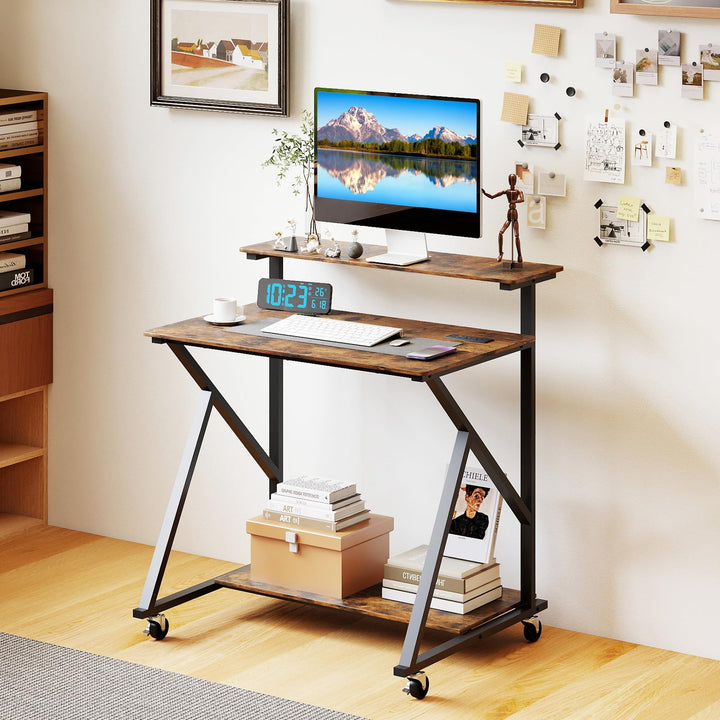 Giantex Rolling Small Desk with Storage | Compact Computer Desk for Small Spaces with Charging Station