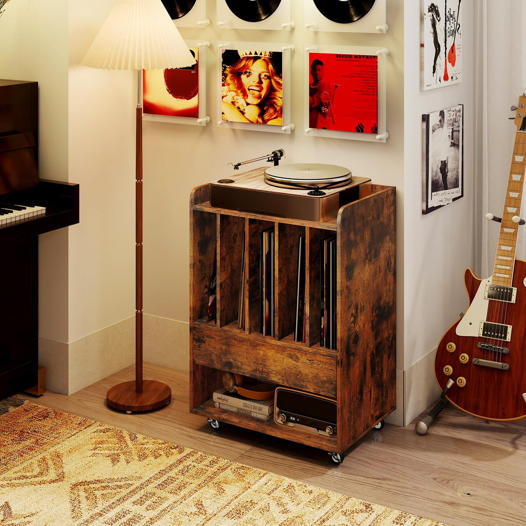 Giantex Record Player Stand Rolling Turntable Stand with Drawer & Lockable Wheels