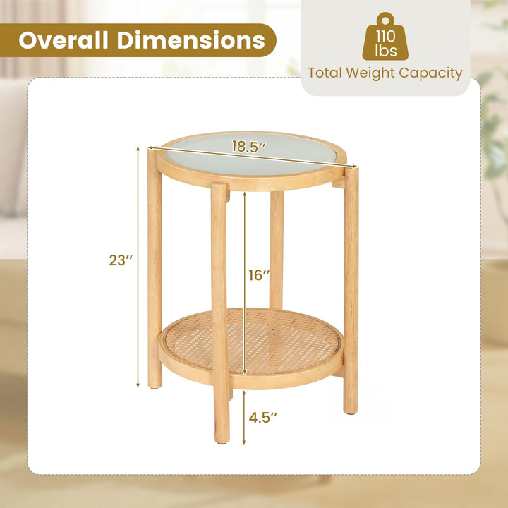 Giantex 2-Tier Boho Rattan Round Side Table w/Tempered Glass Top (1/2)
