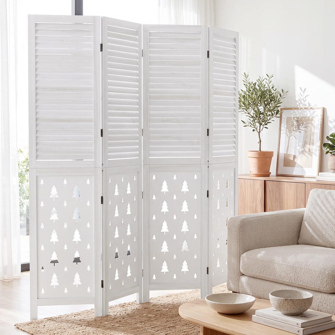 GIANTEX 4 Panel Folding Room Divider with Louvered Slats &amp; Pine Tree Cutout