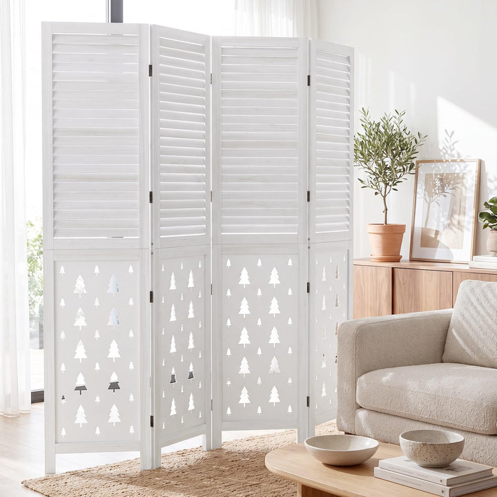GIANTEX 4 Panel Folding Room Divider with Louvered Slats &amp; Pine Tree Cutout