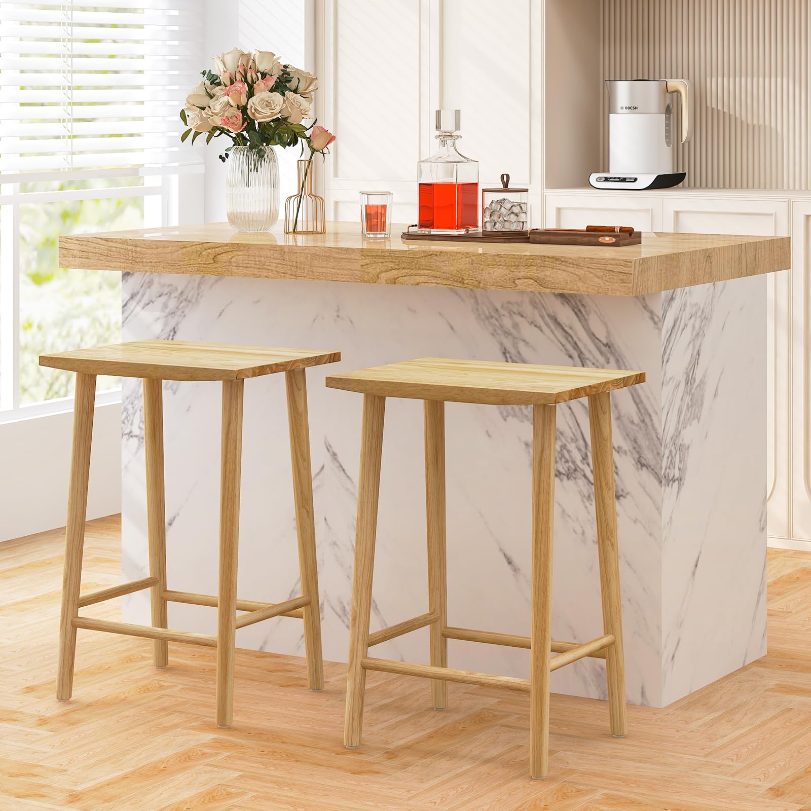 Giantex 25.5" Wooden Bar Stools Set of 2/4, Farmhouse Backless Counter Height Bar Stools with Footrest