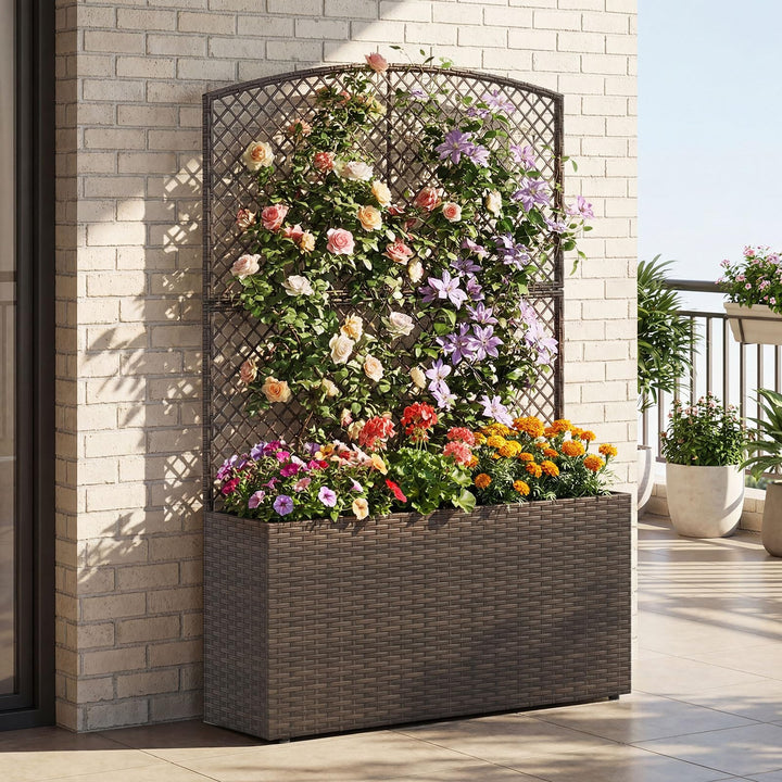 Giantex Raised Garden Bed with Trellis | 58'' Tall PE Rattan Planter Box w/Liner & Drainage