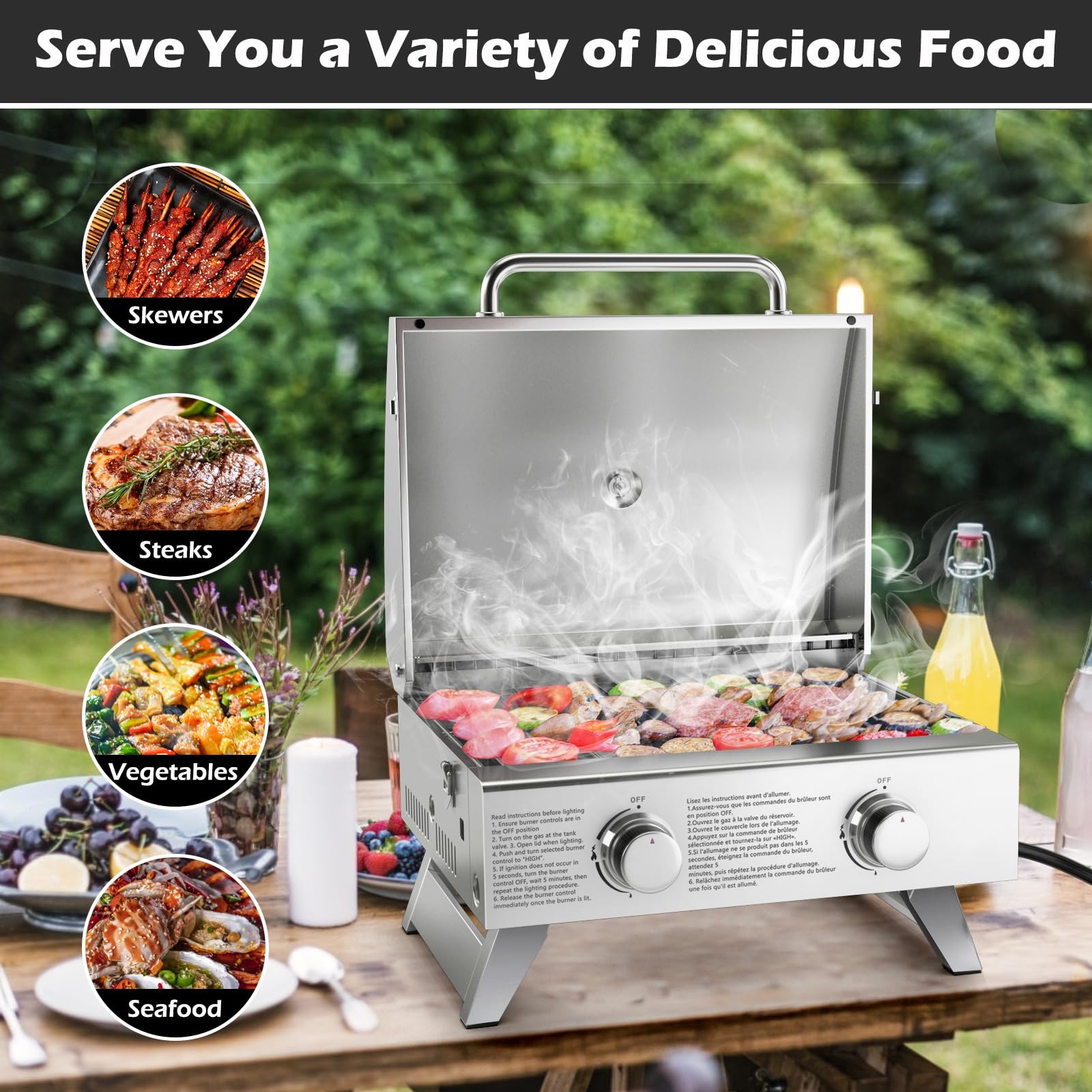 Giantex Portable Gas Grill - Tabletop Propane Grill with 2 Burners, 20,000 BTU total, Built-in Thermometer