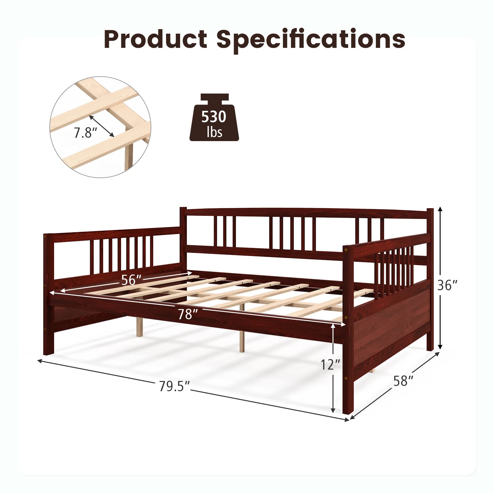 Giantex Full Size Daybed, Wooden Daybed Sofa Bed Frame with Wood Slat Support for Kids Teens (Full)