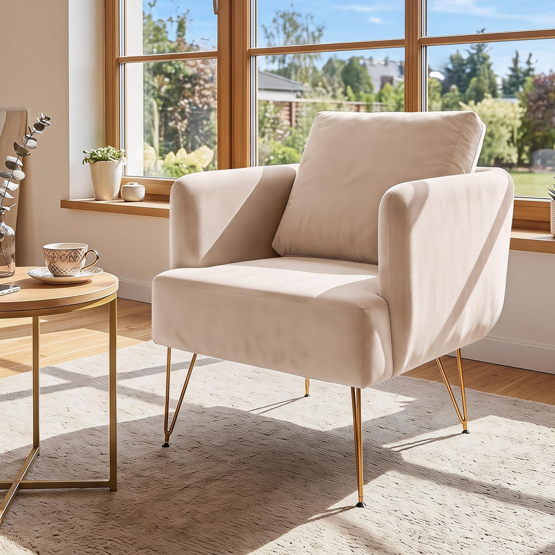 GIANTEX Modern Upholstered Arm Chair w/Golden Metal Legs &amp; Back Cushion (1/2)