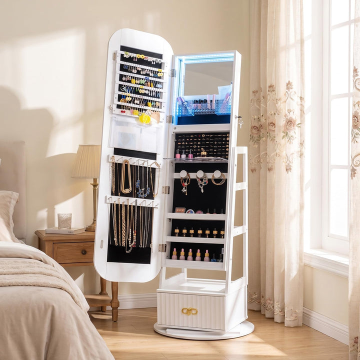 CHARMAID 360° Swivel Lockable Jewelry Armoire with Fluted Drawer