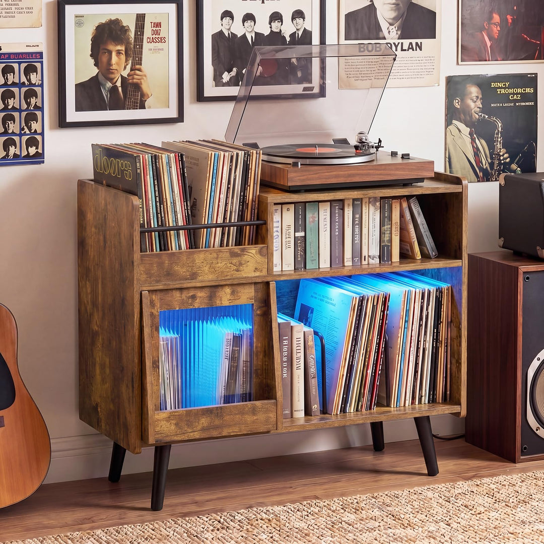 Giantex Large Record Player Stand with LED Light&amp; Sliding Door