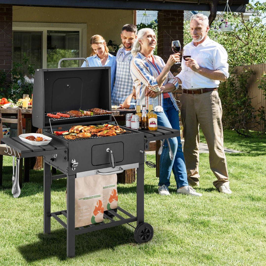 Giantex 24-Inch Charcoal Grill - 2 Foldable Side Tables, Bottom Storage Shelf, 8 Hooks, Adjustable Charcoal Tray