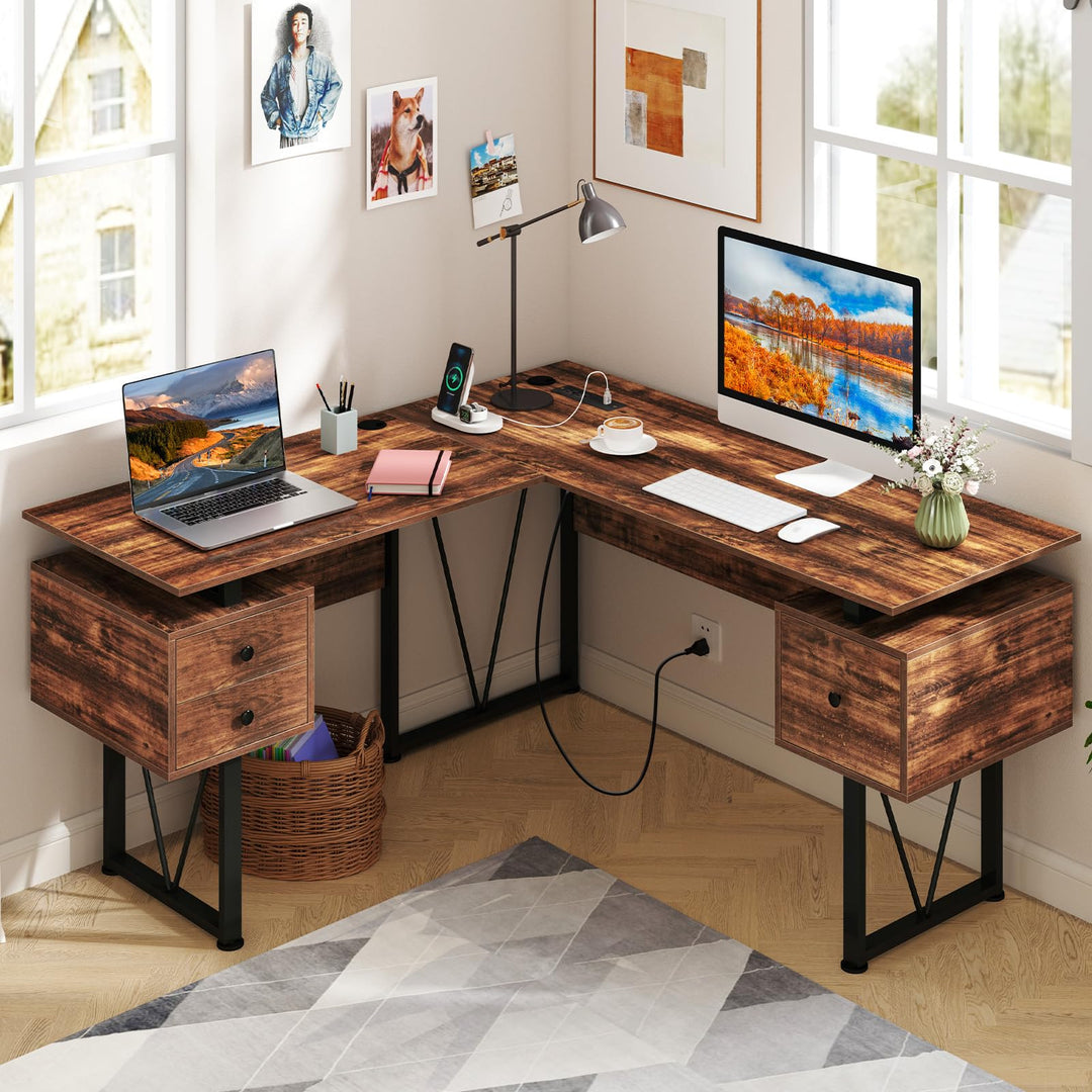 Giantex L Shaped Desk with Drawers, 59” Large Computer Desk with Power Outlet