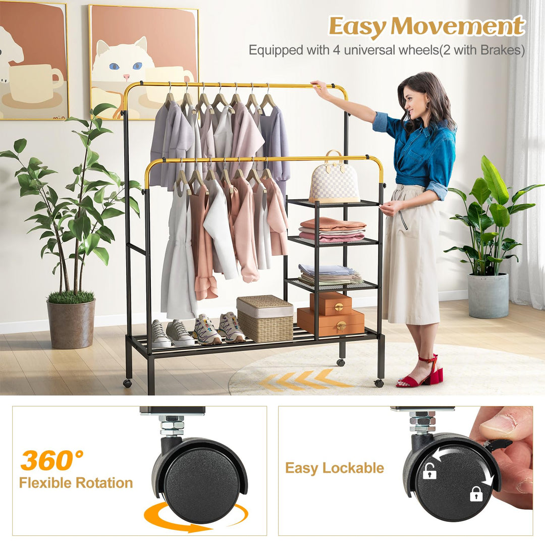 Giantex Double Rods Garment Rack with Wheels, Clothing Rack w/ 2 Hanging Height Adjustable Rods, Side Mesh Racks