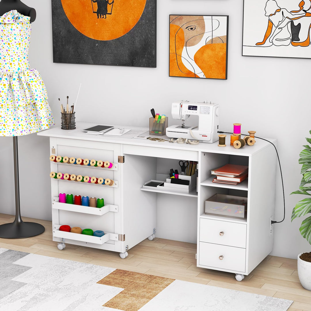 Giantex Folding Sewing Table with Charging Station, Rolling Craft Table with Storage Shelves and Drawers