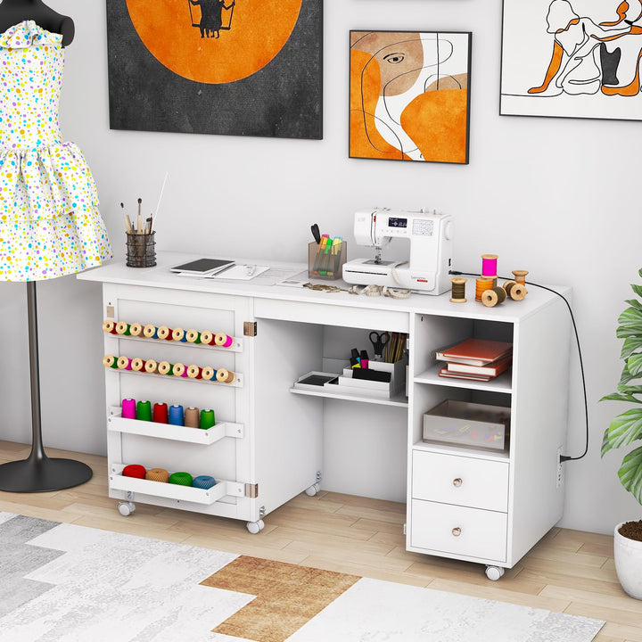 Giantex Folding Sewing Table with Charging Station, Rolling Craft Table with Storage Shelves and Drawers