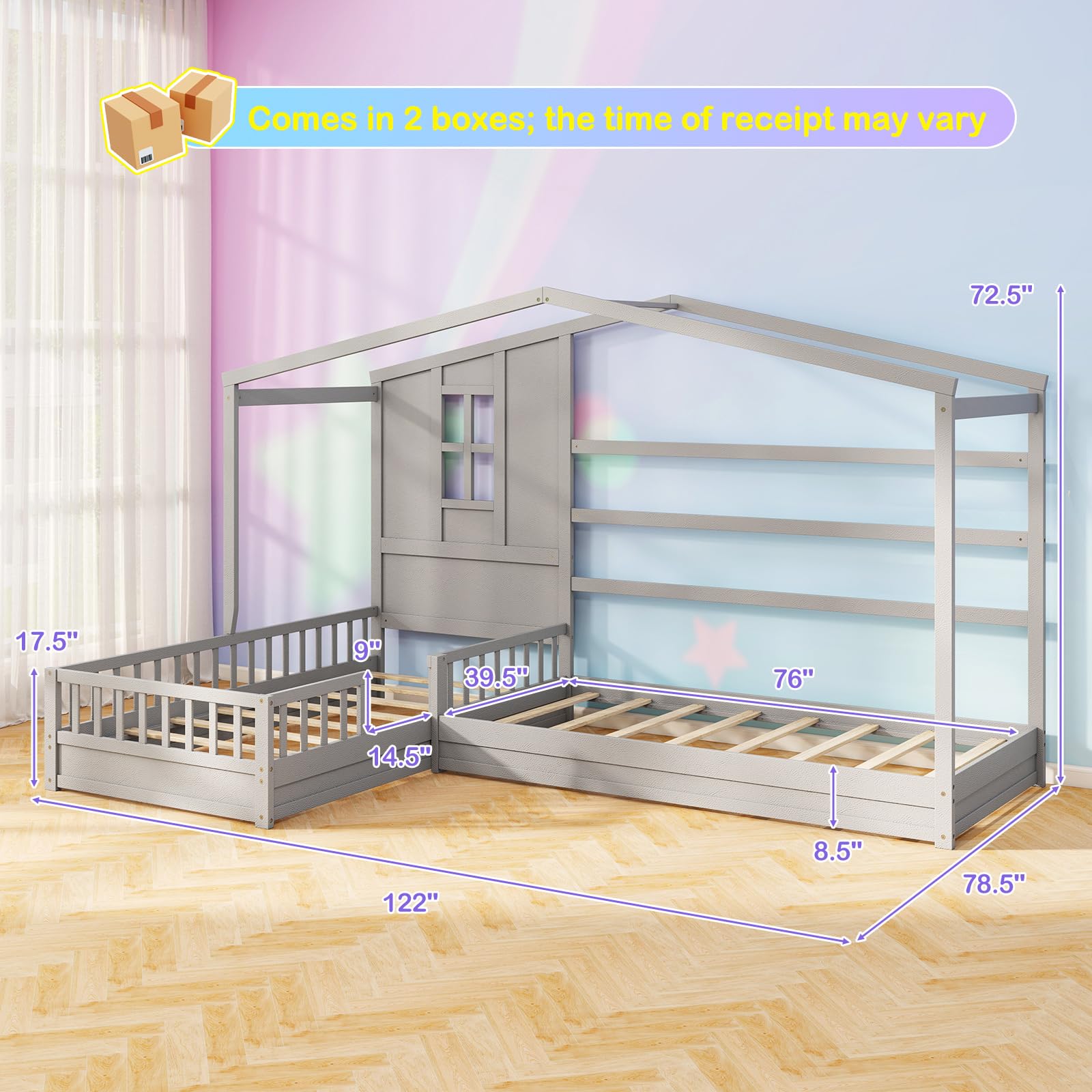Giantex Double Twin Beds for Kids, House L-Shaped Platform Beds with Window & Fences
