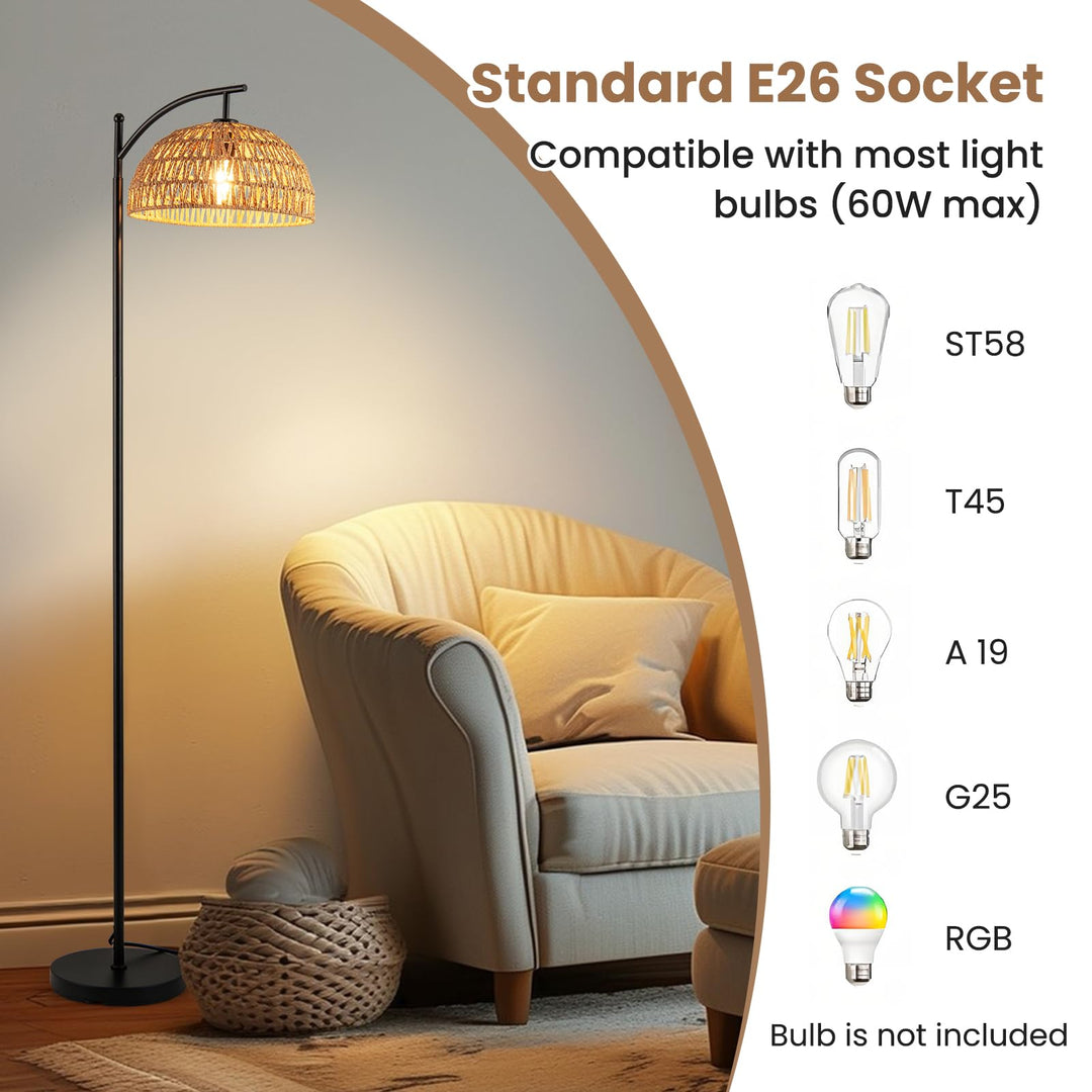 Giantex Boho Floor Lamp with Handwoven Paper Rope Shade Arc Standing Lamp with E26 Socket & Foot Switch